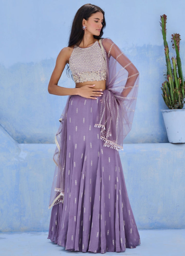 Lilac Embroidered Georgette Lehenga Set Chamee and Palak - Fabilicious Fashion