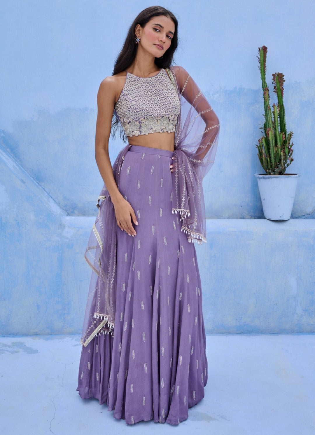 Lilac Embroidered Georgette Lehenga Set Chamee and Palak - Fabilicious Fashion