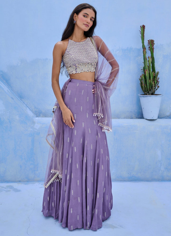 Lilac Embroidered Georgette Lehenga Set Chamee and Palak - Fabilicious Fashion