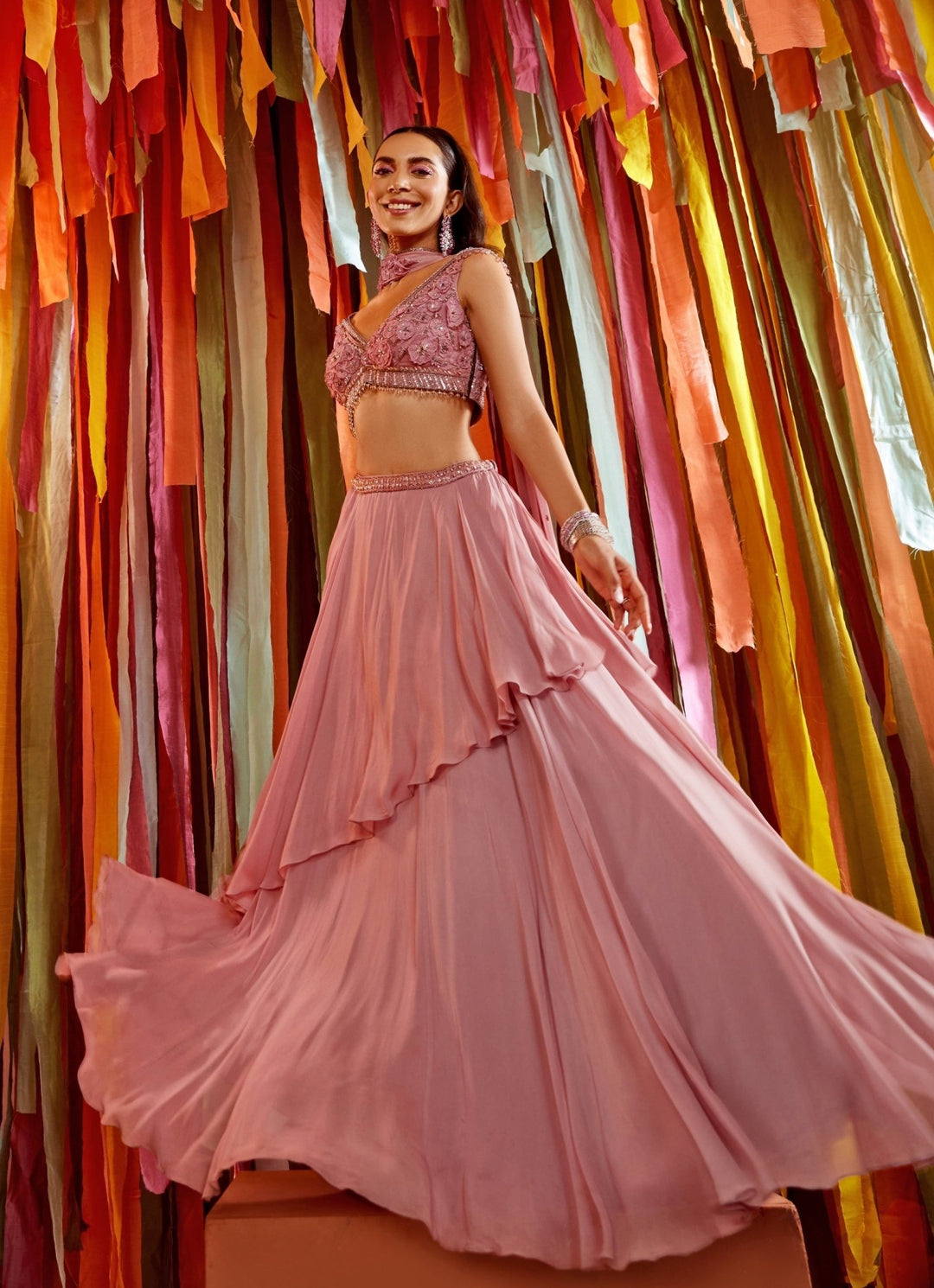 Lilac Embroidered Georgette Lehenga With Off Shoulder Blouse Sanya Gulati - Fabilicious Fashion