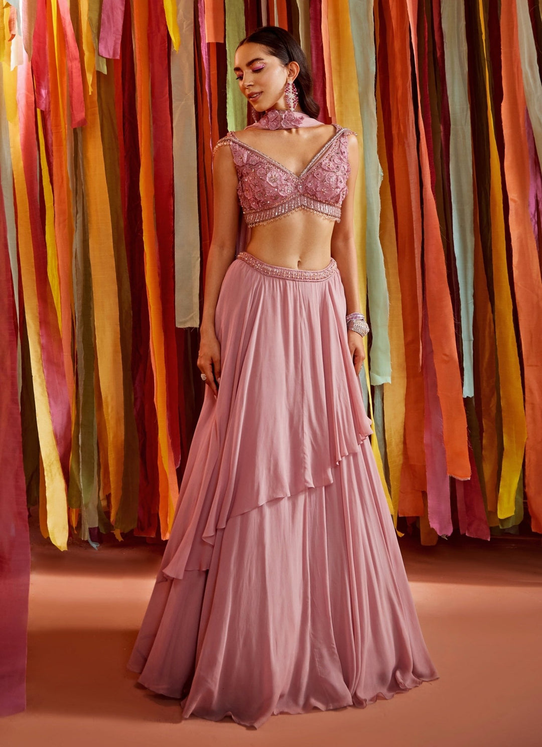 Lilac Embroidered Georgette Lehenga With Off Shoulder Blouse Sanya Gulati - Fabilicious Fashion