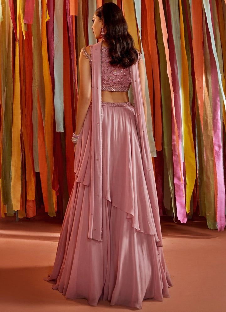 Lilac Embroidered Georgette Lehenga With Off Shoulder Blouse Sanya Gulati - Fabilicious Fashion