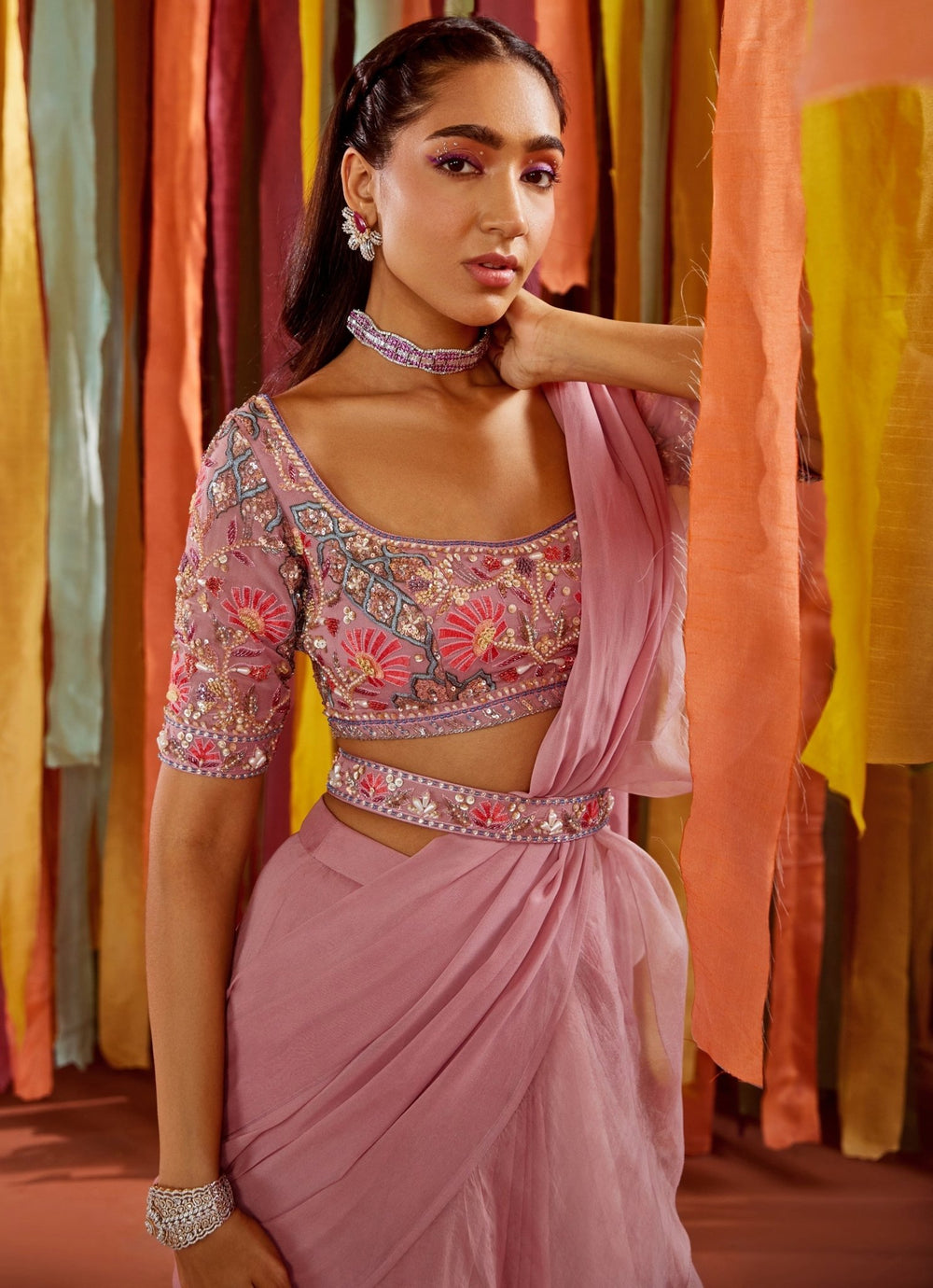 Lilac Embroidered Georgette Predraped Ruffle Saree Sanya Gulati - Fabilicious Fashion