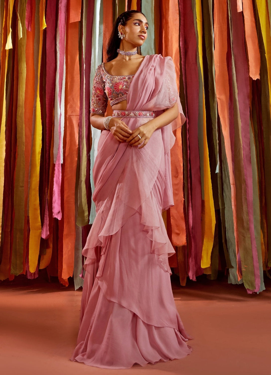 Lilac Embroidered Georgette Predraped Ruffle Saree Sanya Gulati - Fabilicious Fashion