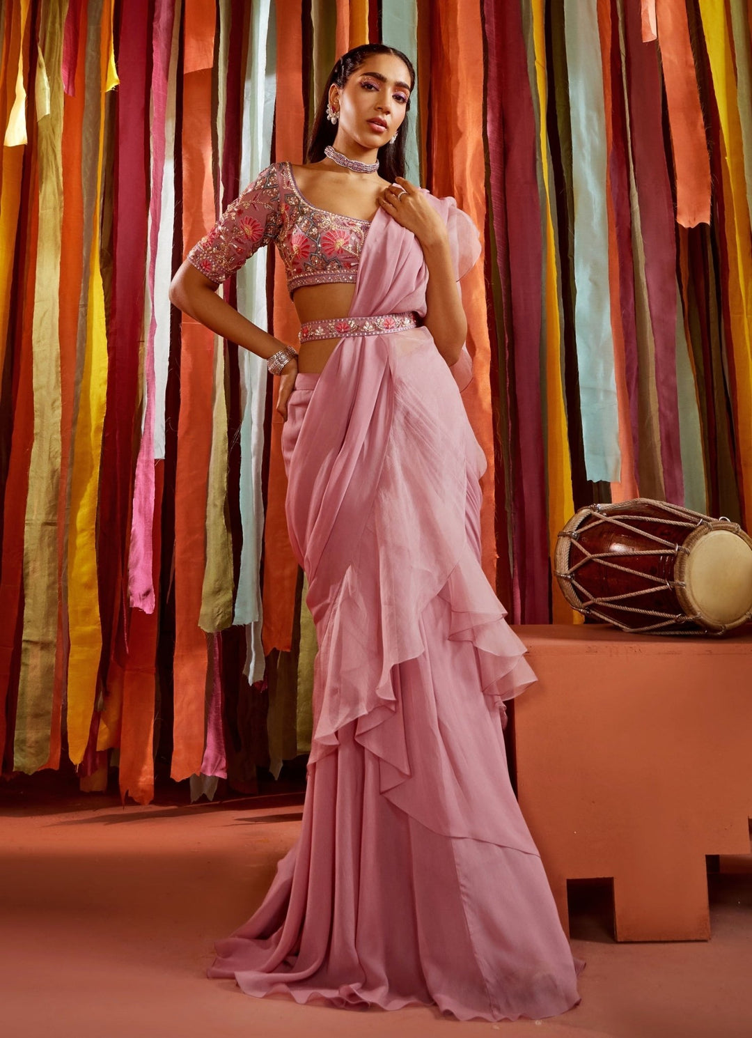 Lilac Embroidered Georgette Predraped Ruffle Saree Sanya Gulati - Fabilicious Fashion