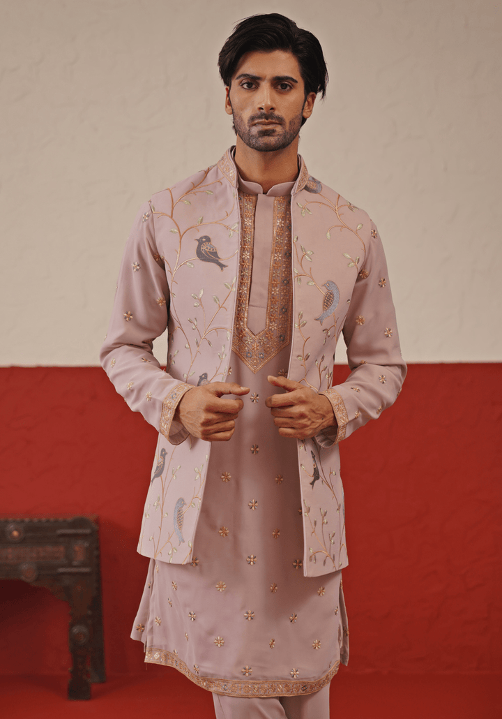 Lilac Embroidered Kurta Set With Jacket Kalpraag - Fabilicious Fashion