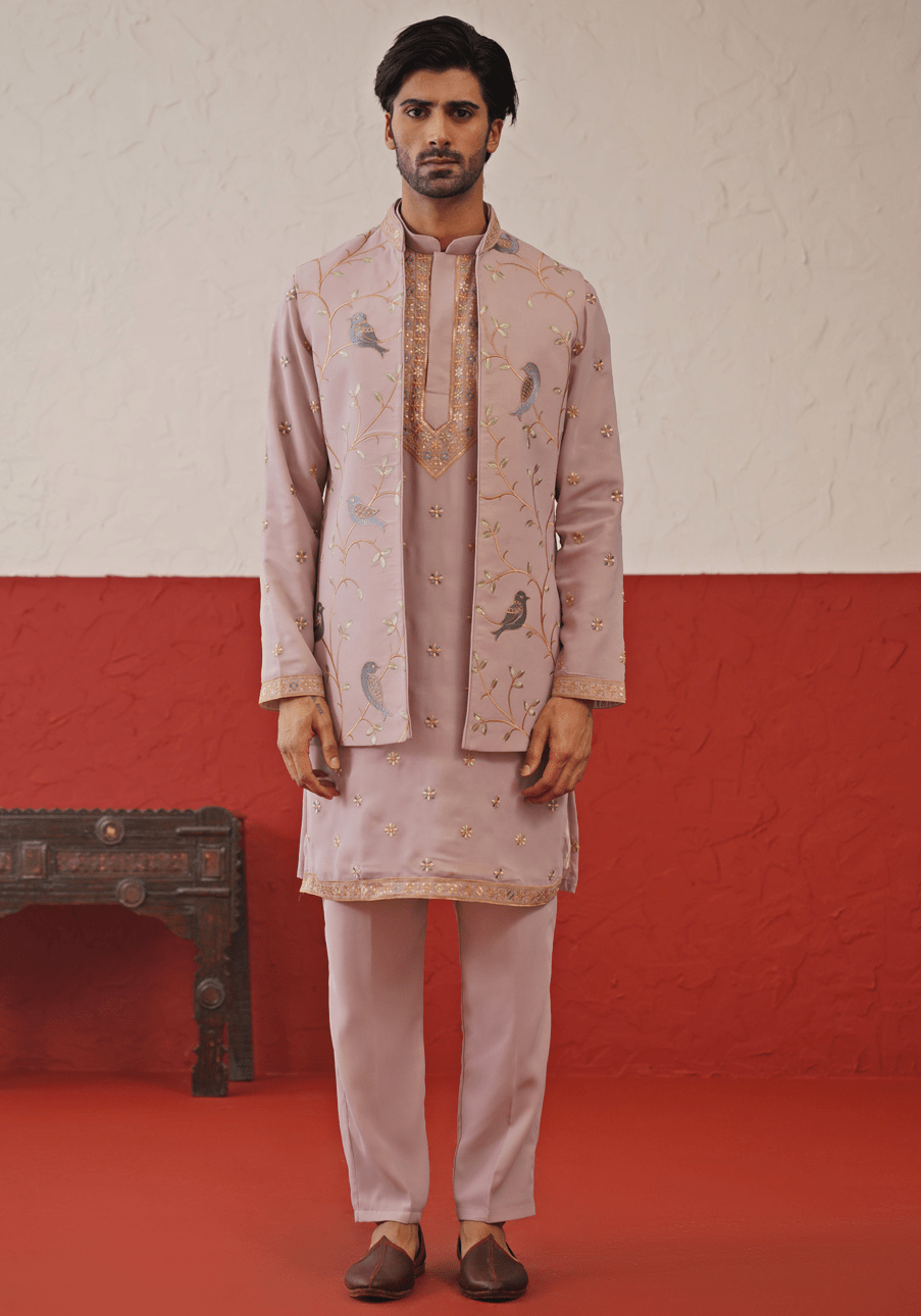 Lilac Embroidered Kurta Set With Jacket Kalpraag - Fabilicious Fashion