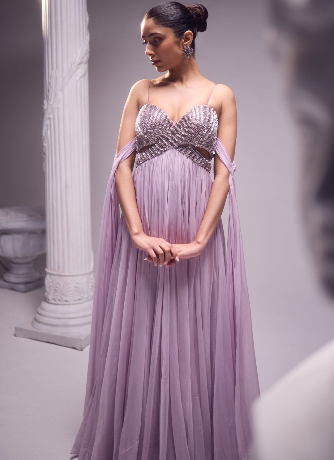 Lilac Embroidered Off Shoulder Gown Jade by Ashima - Fabilicious Fashion