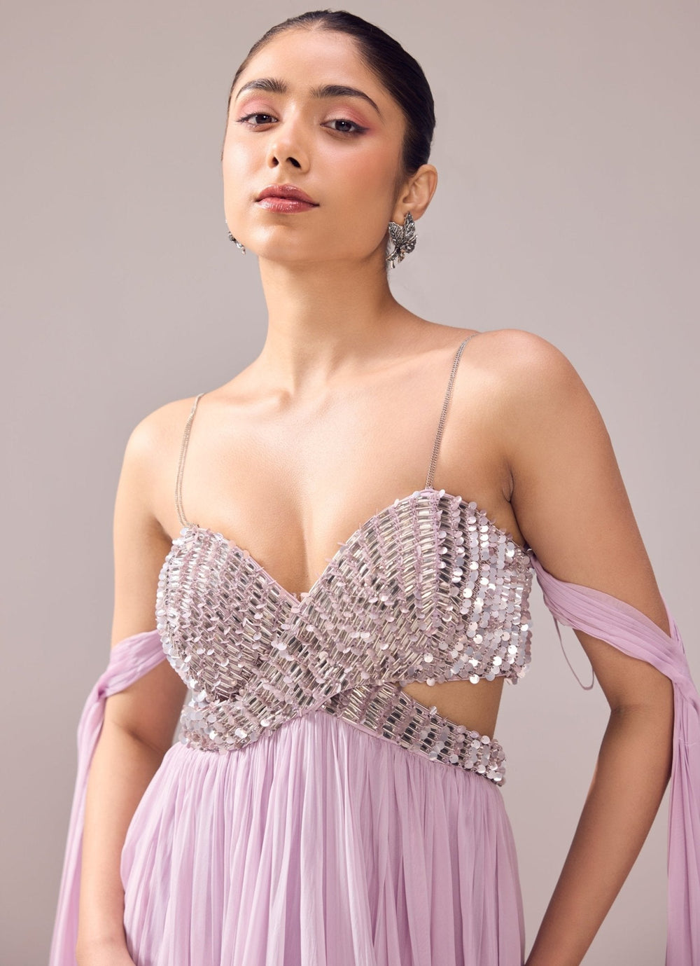 Lilac Embroidered Off Shoulder Gown Jade by Ashima - Fabilicious Fashion