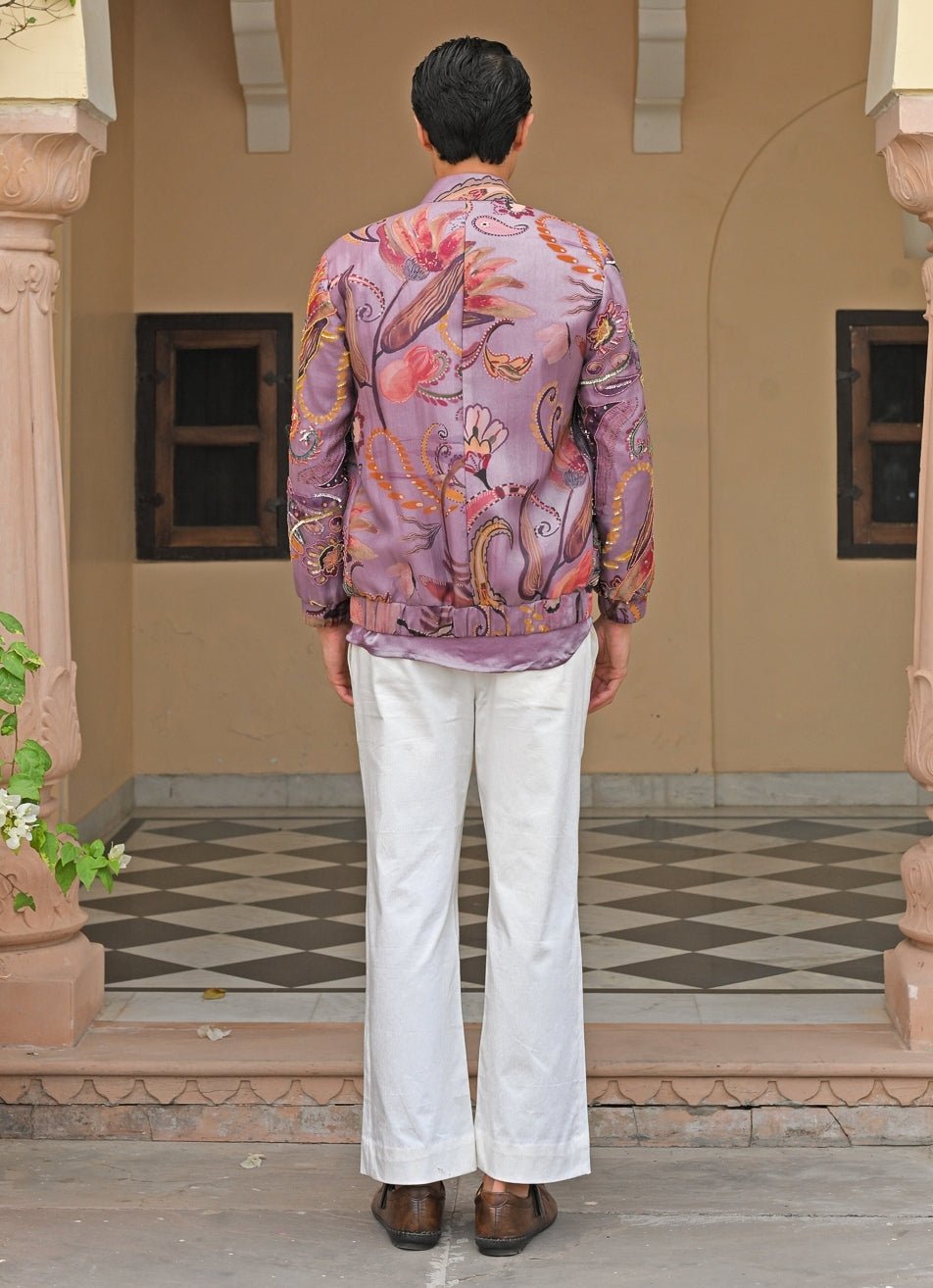 Juhi Bengani - Men Lilac Embroidered Organza Bomber JacketFabilicious Fashion
