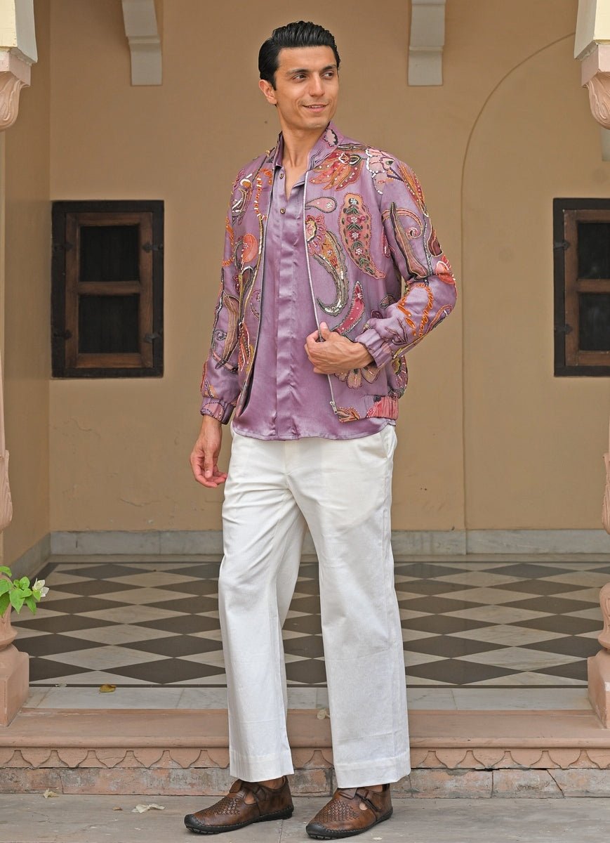 Juhi Bengani - Men Lilac Embroidered Organza Bomber JacketFabilicious Fashion
