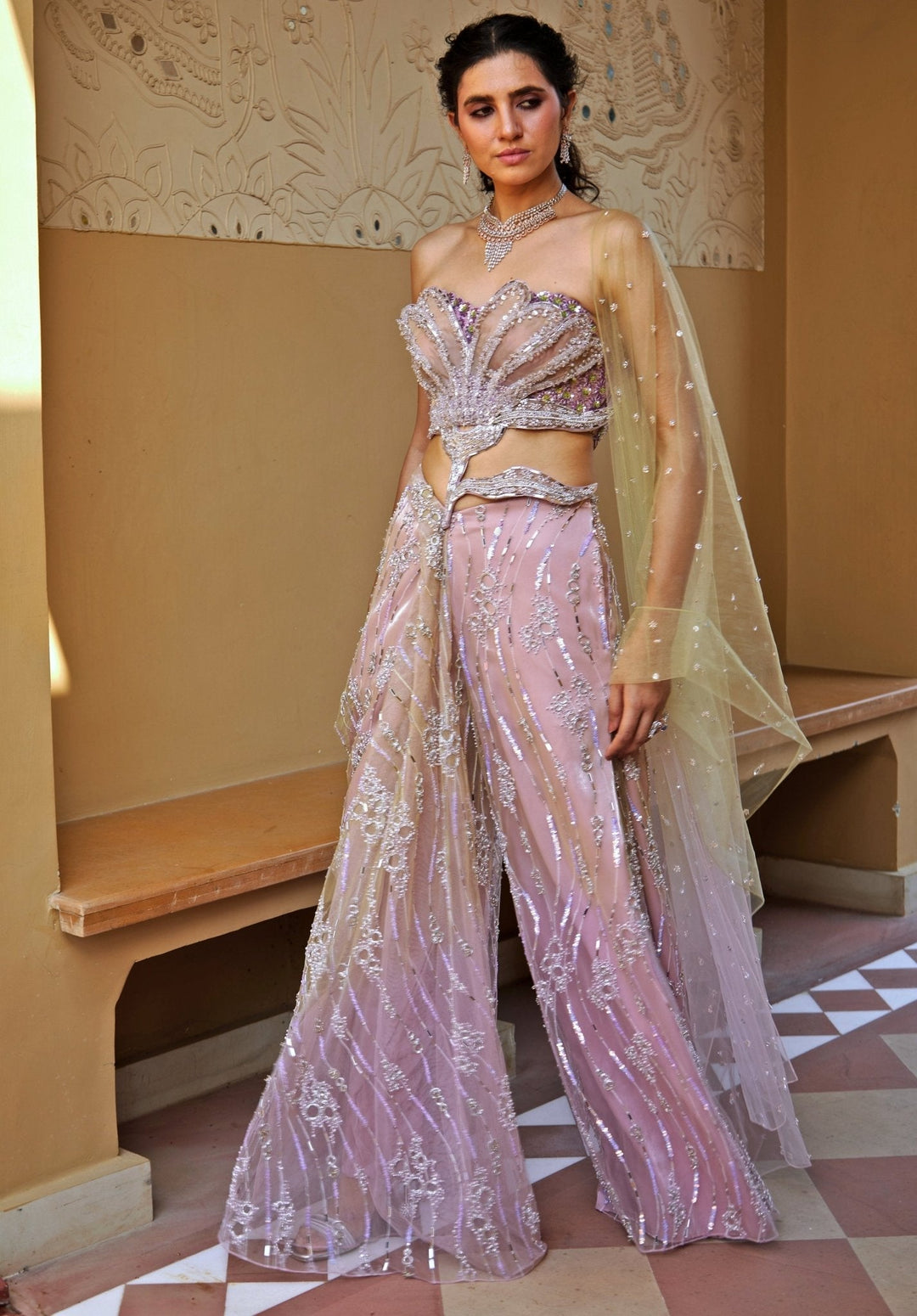 Lilac Embroidered Pants Set With Strapless Blouse Moledro - Fabilicious Fashion