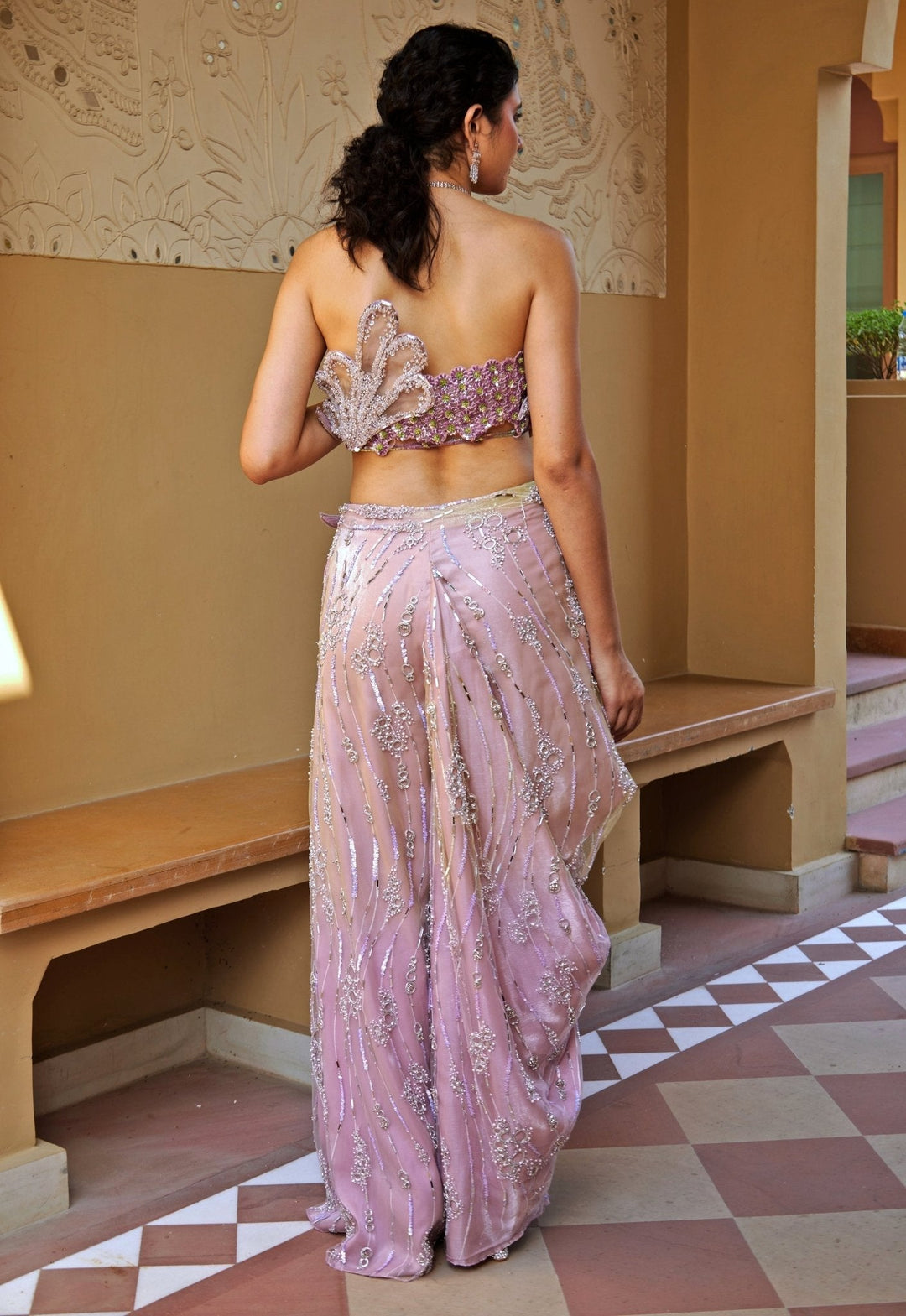 Lilac Embroidered Pants Set With Strapless Blouse Moledro - Fabilicious Fashion