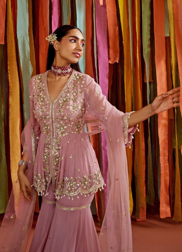 Lilac Embroidered Peplum Kurta Sharara Set Sanya Gulati - Fabilicious Fashion