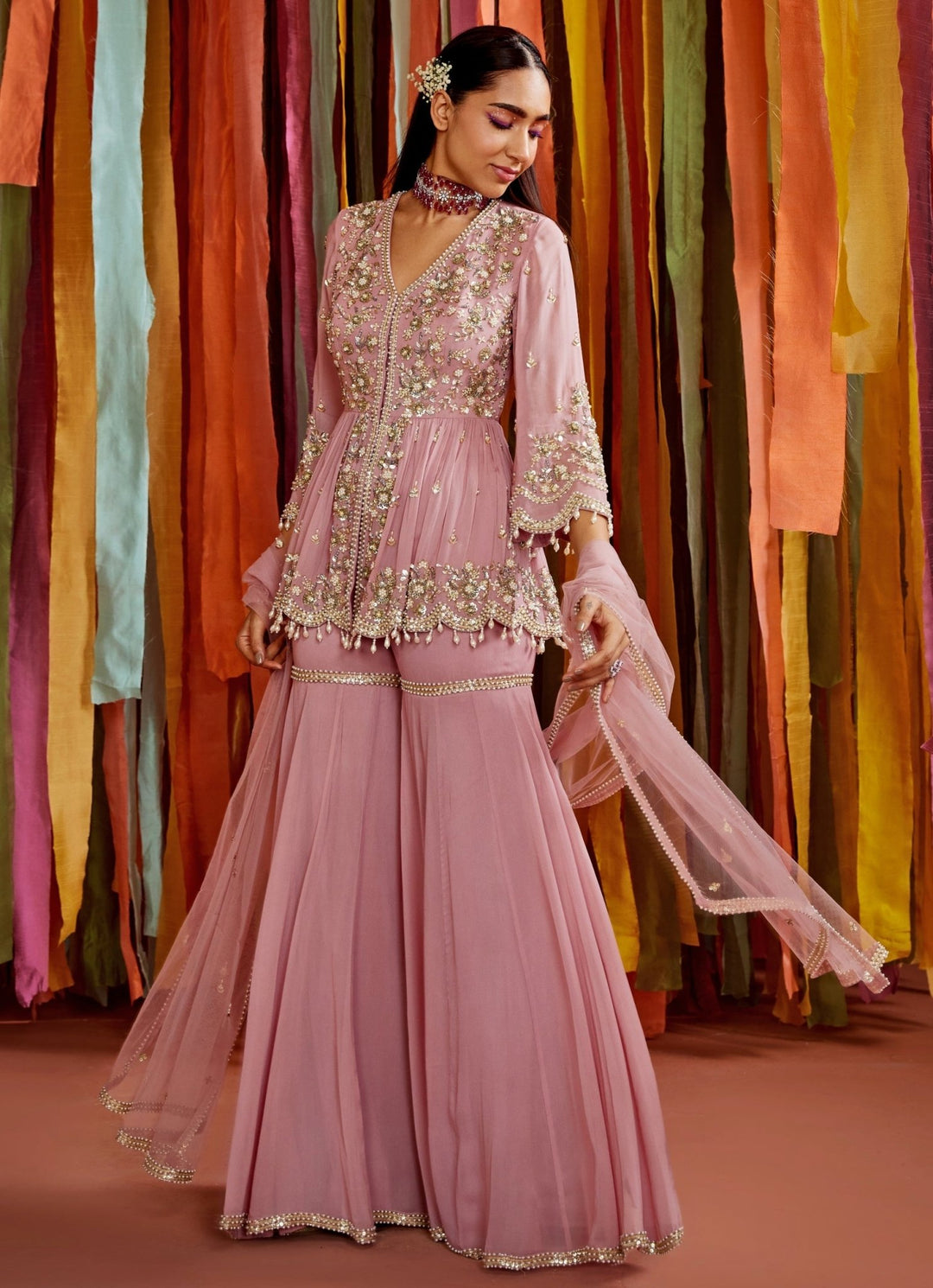 Lilac Embroidered Peplum Kurta Sharara Set Sanya Gulati - Fabilicious Fashion