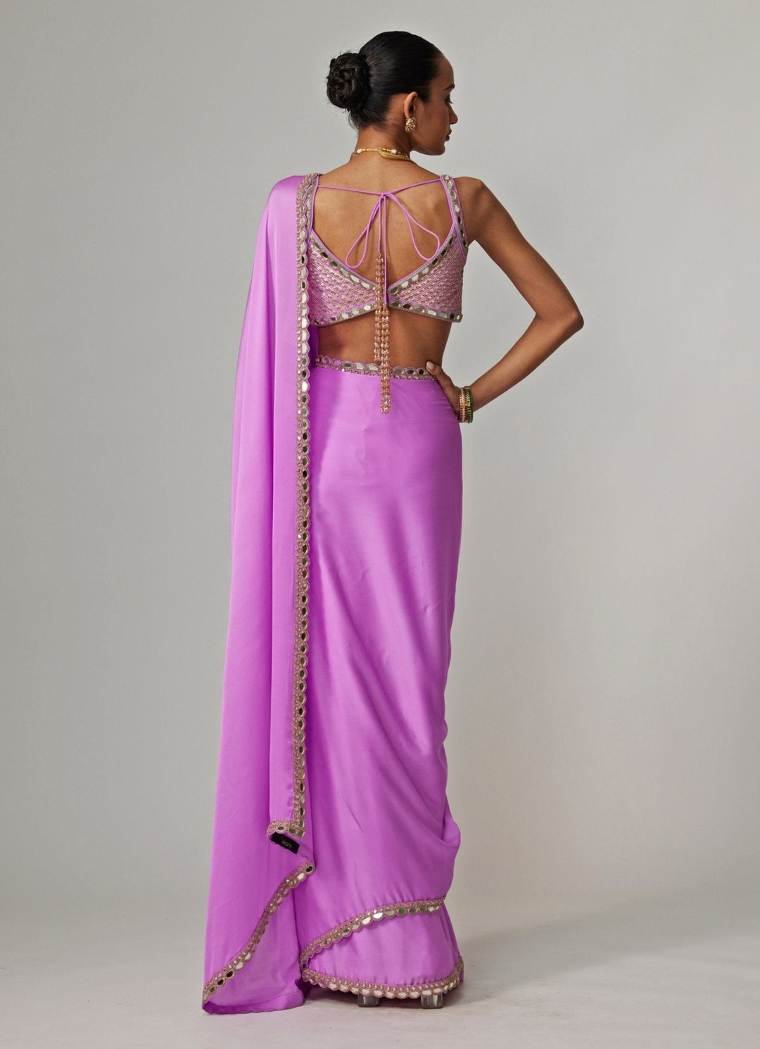 Lilac Embroidered Satin Saree With Embroidered Blouse Vvani by Vani Vats - Fabilicious Fashion