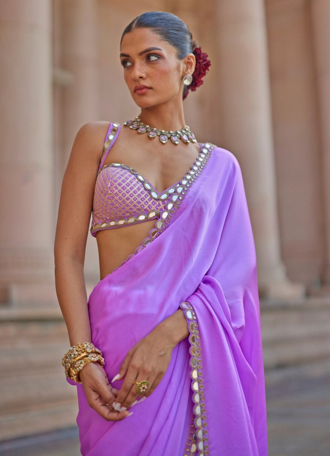 Lilac Embroidered Satin Saree With Embroidered Blouse Vvani by Vani Vats - Fabilicious Fashion