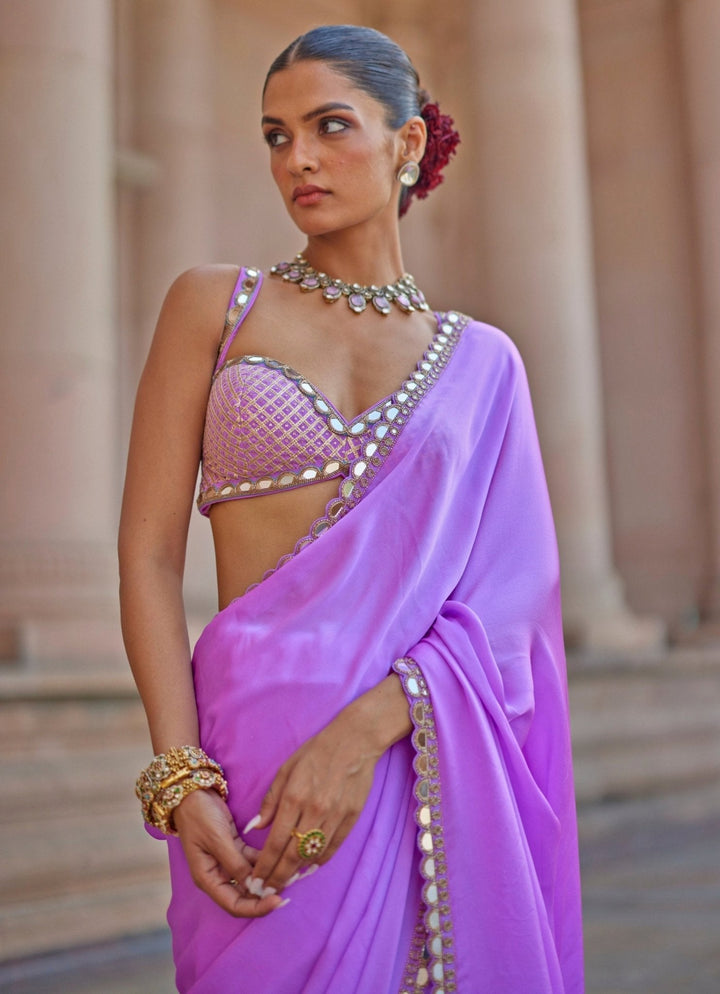 Lilac Embroidered Satin Saree With Embroidered Blouse Vvani by Vani Vats - Fabilicious Fashion