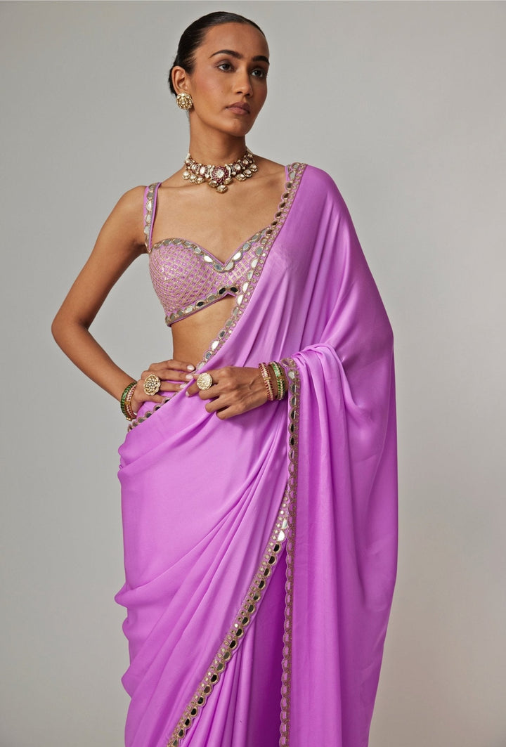 Lilac Embroidered Satin Saree With Embroidered Blouse Vvani by Vani Vats - Fabilicious Fashion