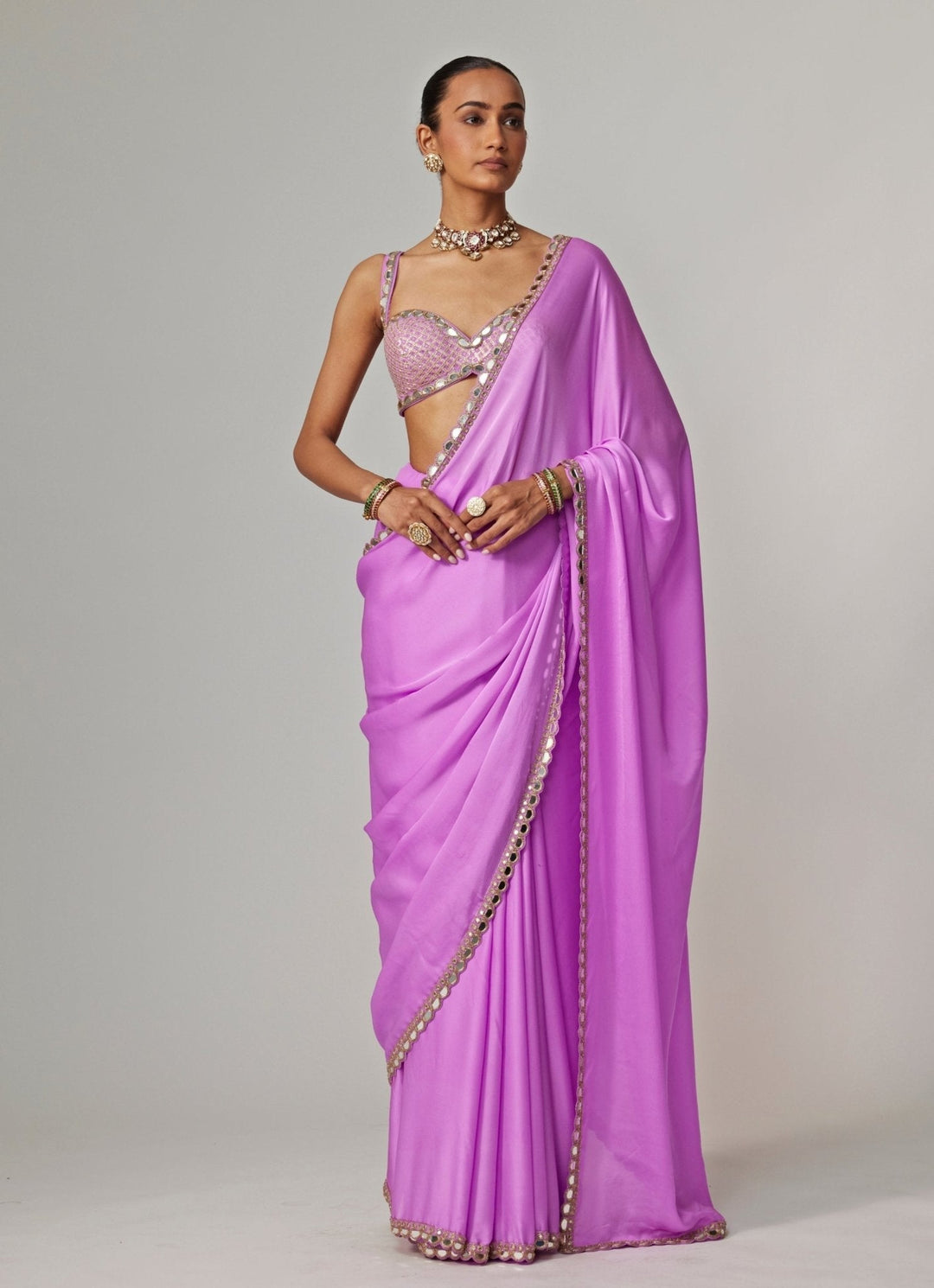 Lilac Embroidered Satin Saree With Embroidered Blouse Vvani by Vani Vats - Fabilicious Fashion