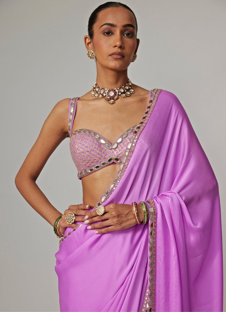 Lilac Embroidered Satin Saree With Embroidered Blouse Vvani by Vani Vats - Fabilicious Fashion