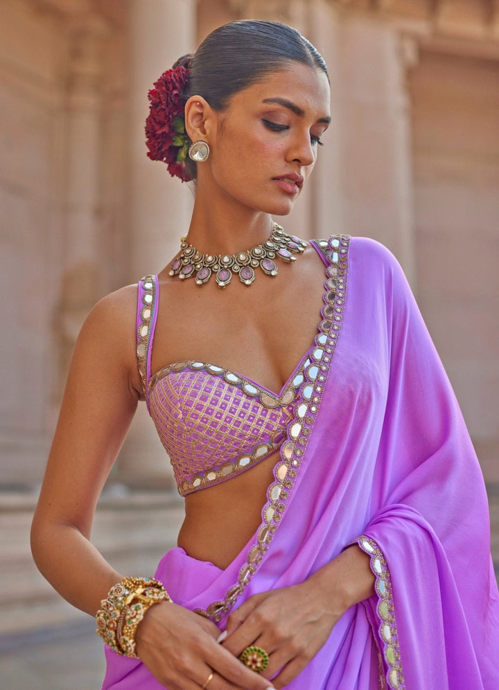 Lilac Embroidered Satin Saree With Embroidered Blouse Vvani by Vani Vats - Fabilicious Fashion