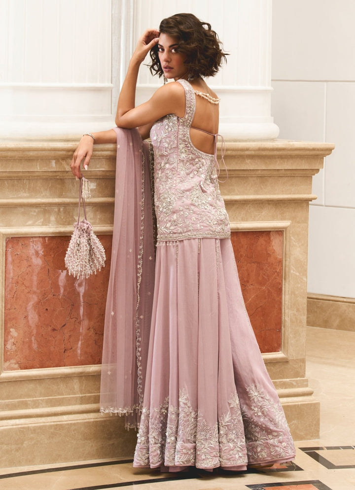 Lilac Embroidered Shimmer Georgette Kurta Sharara Set Sanya Gulati - Fabilicious Fashion