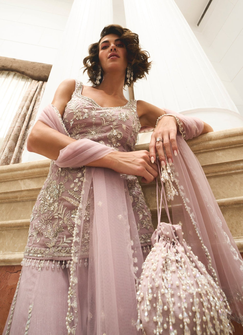 Lilac Embroidered Shimmer Georgette Kurta Sharara Set Sanya Gulati - Fabilicious Fashion