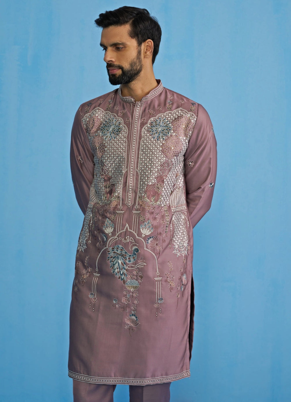 Lilac Embroidered Silk Kurta Set Kalpraag - Fabilicious Fashion