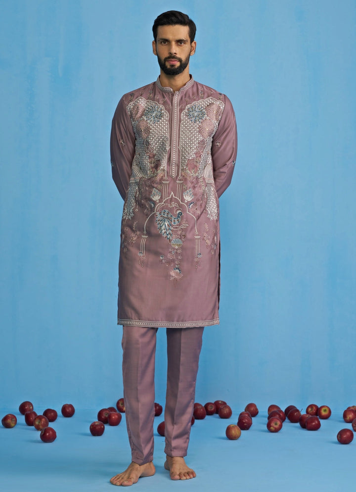 Lilac Embroidered Silk Kurta Set Kalpraag - Fabilicious Fashion