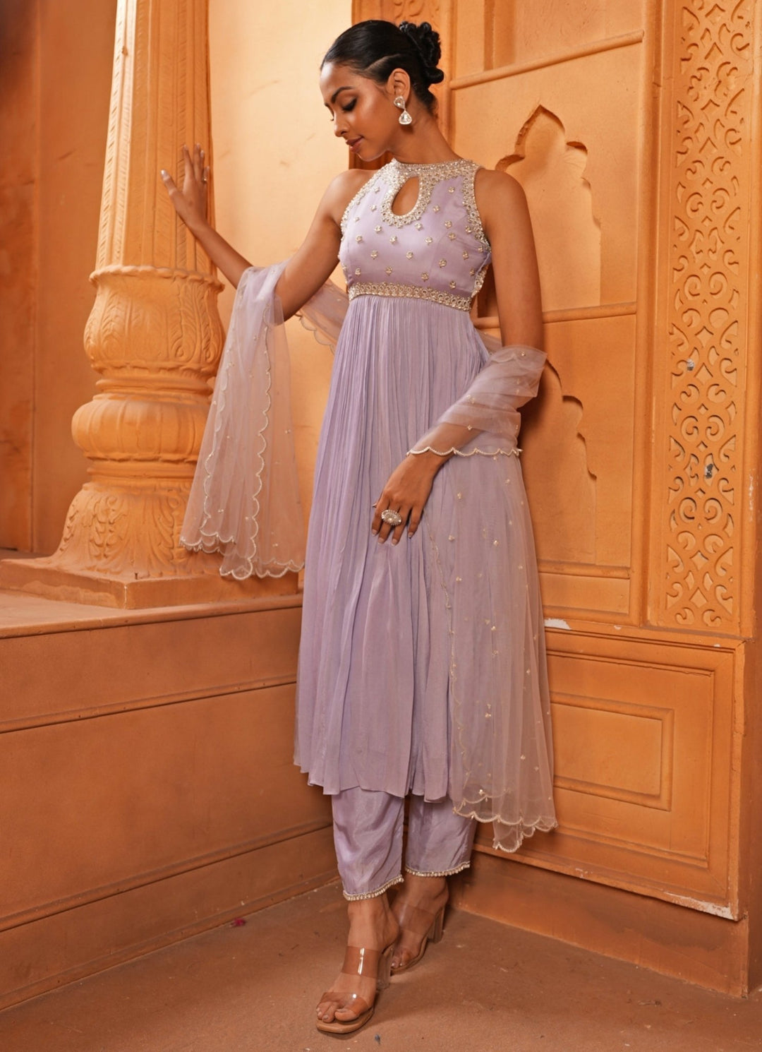 Lilac Embroidered Silk Kurta Set Enamour by Radha - Fabilicious Fashion