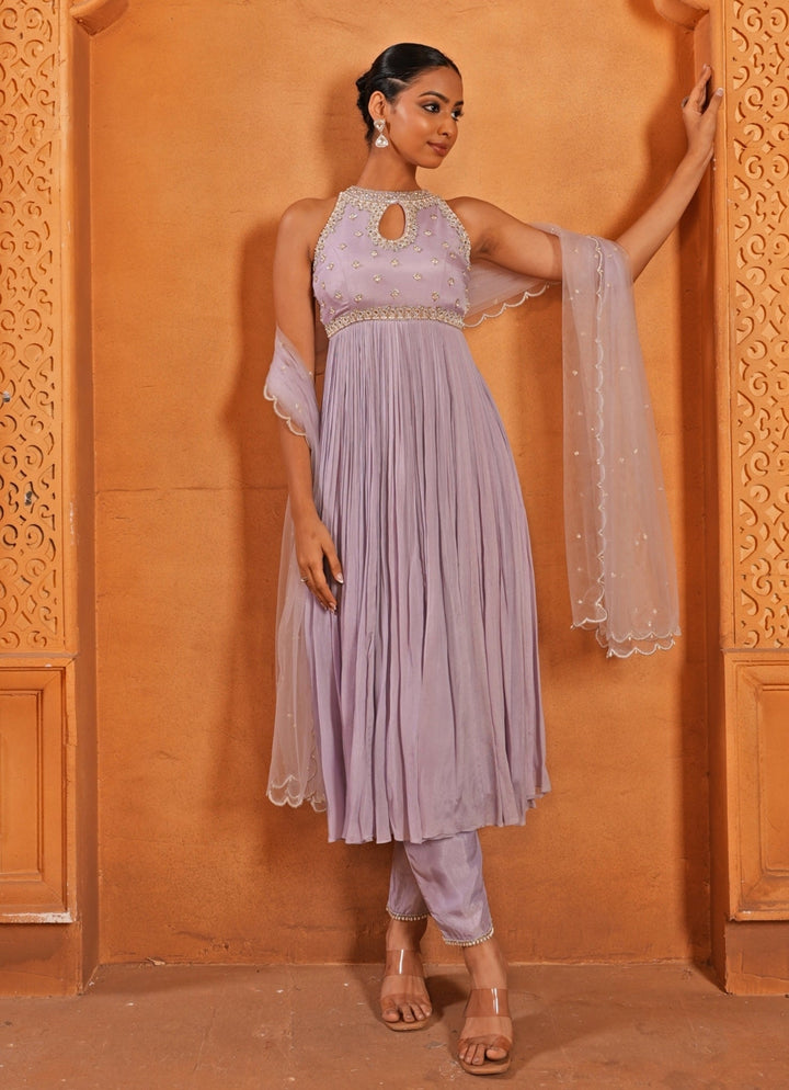 Lilac Embroidered Silk Kurta Set Enamour by Radha - Fabilicious Fashion