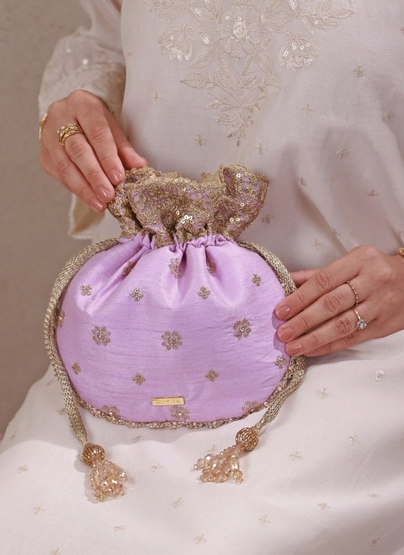Amyra Lilac Embroidered Silk PotliFabilicious Fashion