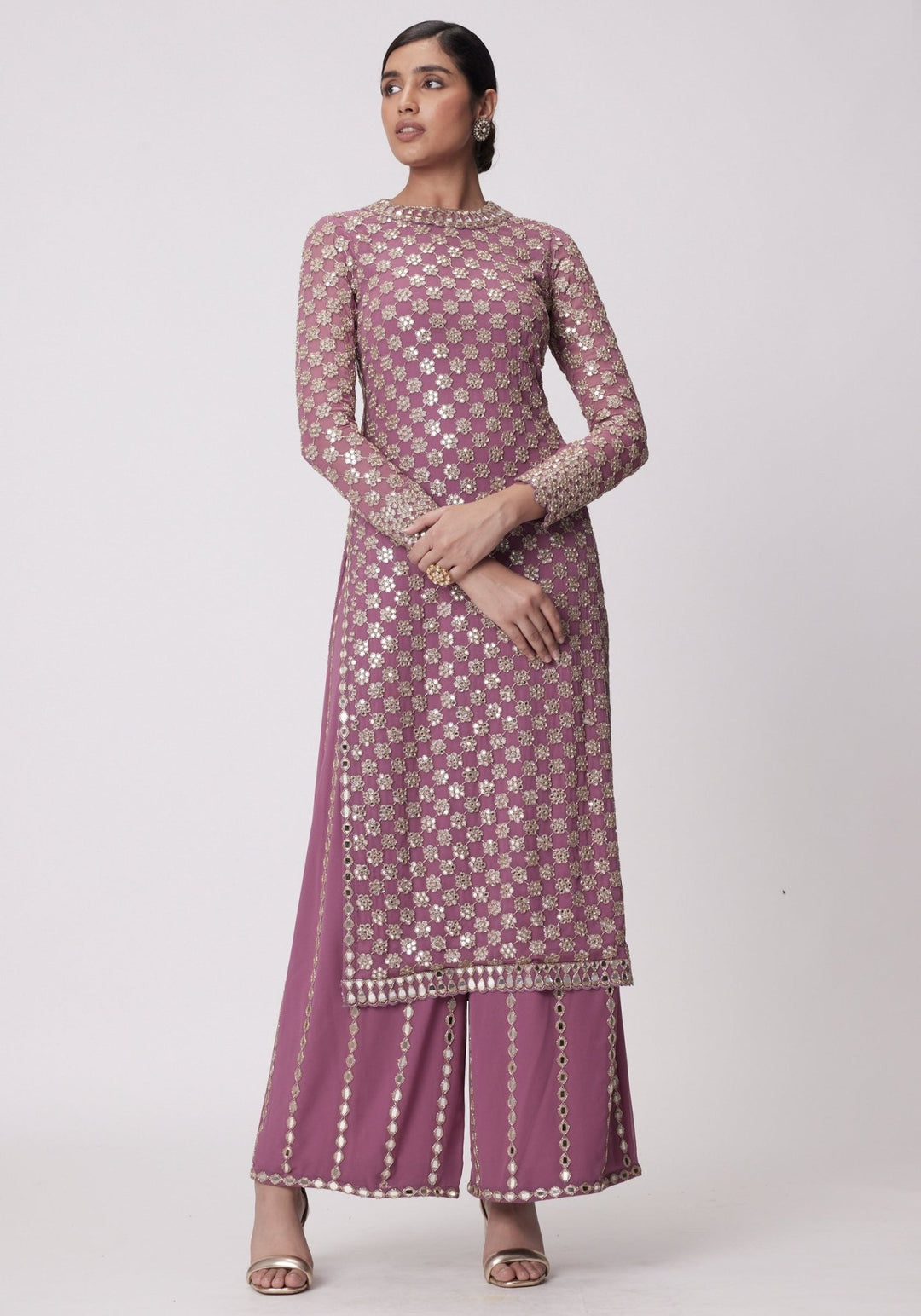 Lilac Embroidered Straight Kurta Set Vvani by Vani Vats - Fabilicious Fashion