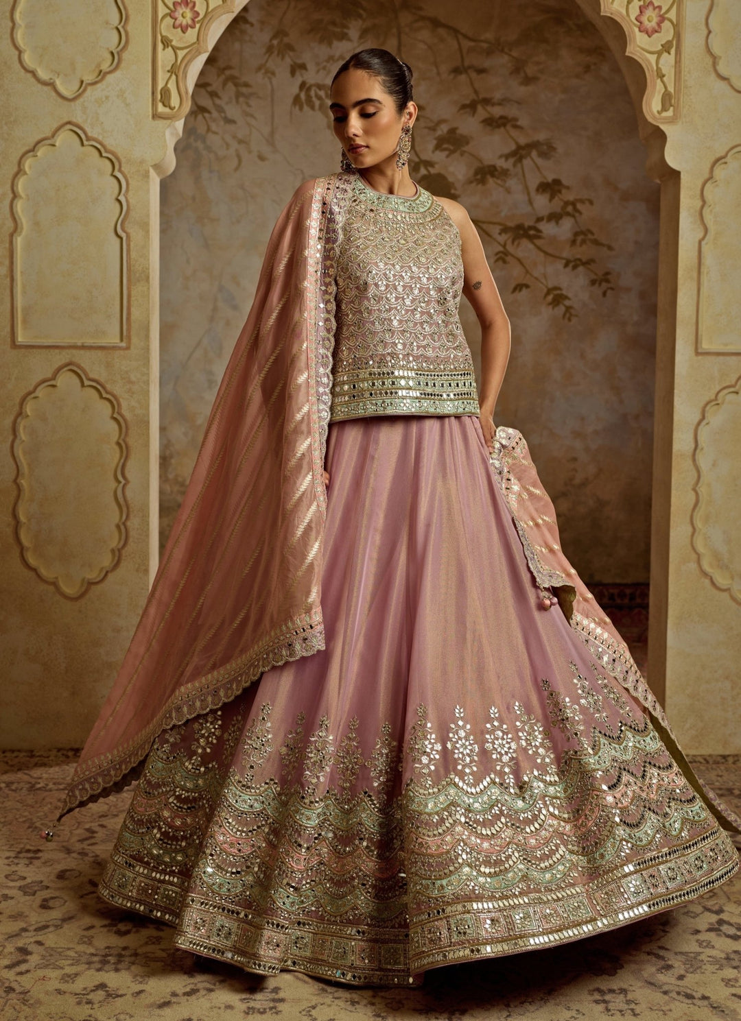 Lilac Embroidered Tissue Kurta Lehenga Suhino - Fabilicious Fashion