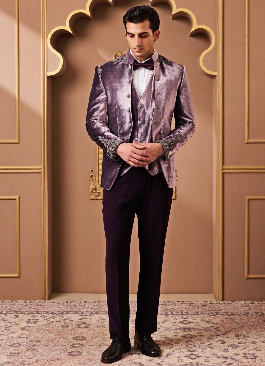 Lilac Embroidered Velvet Coat with Vest and Pants Nitika Gujral - Men - Fabilicious Fashion