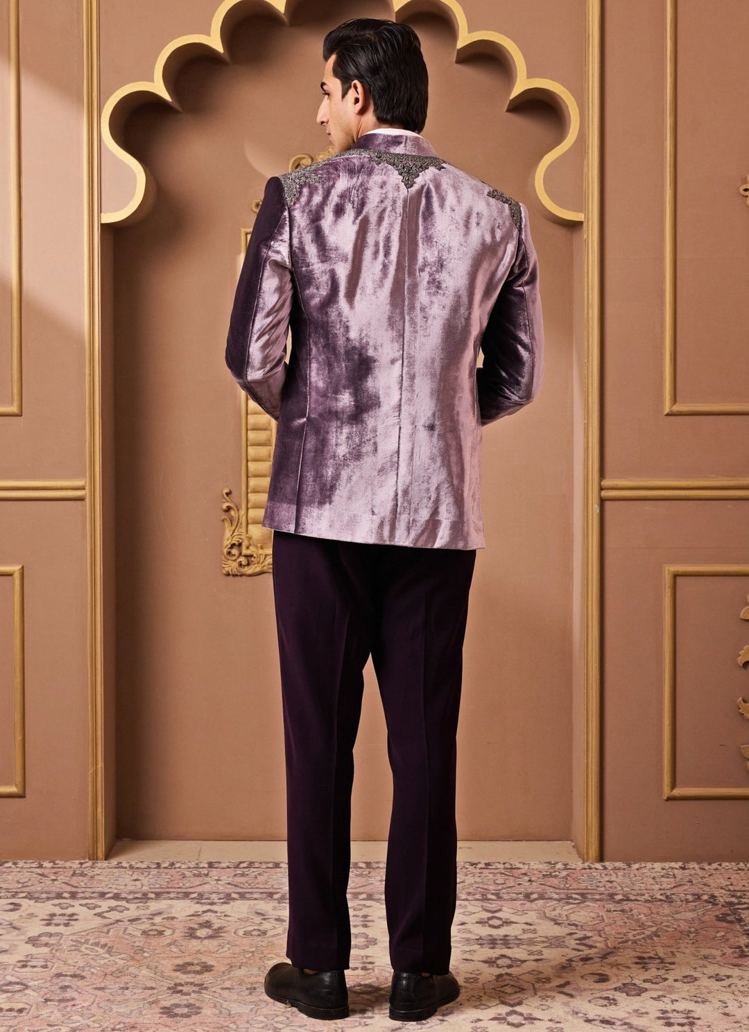 Lilac Embroidered Velvet Coat with Vest and Pants Nitika Gujral - Men - Fabilicious Fashion