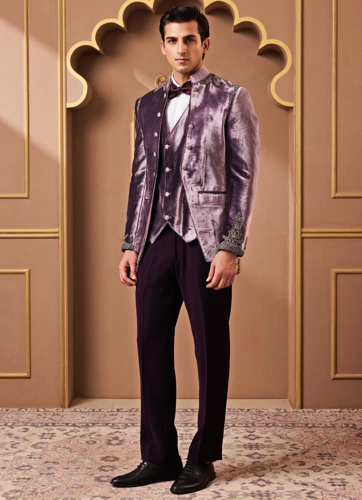 Lilac Embroidered Velvet Coat with Vest and Pants Nitika Gujral - Men - Fabilicious Fashion