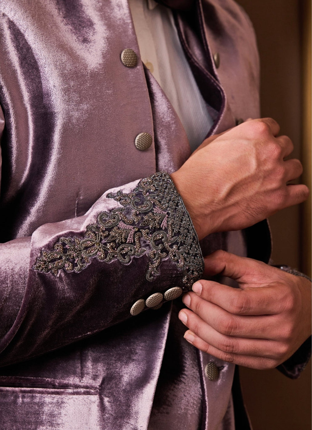 Lilac Embroidered Velvet Coat with Vest and Pants Nitika Gujral - Men - Fabilicious Fashion