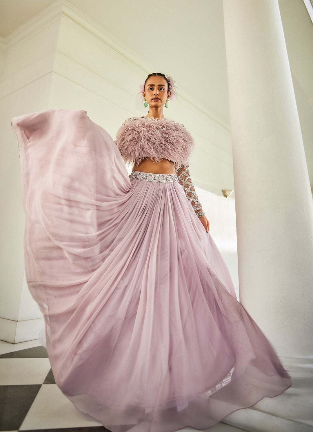 Lilac Feather Embellished Blouse With Chiffon Skirt Mani Bhatia - Fabilicious Fashion
