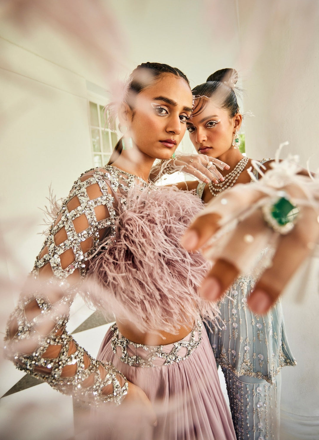 Lilac Feather Embellished Blouse With Chiffon Skirt Mani Bhatia - Fabilicious Fashion