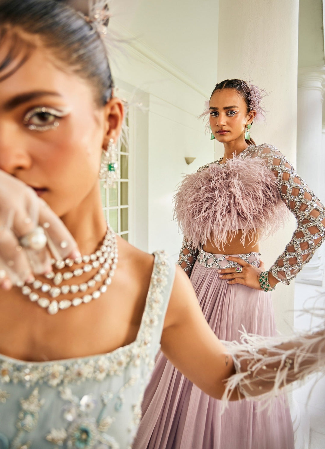 Lilac Feather Embellished Blouse With Chiffon Skirt Mani Bhatia - Fabilicious Fashion