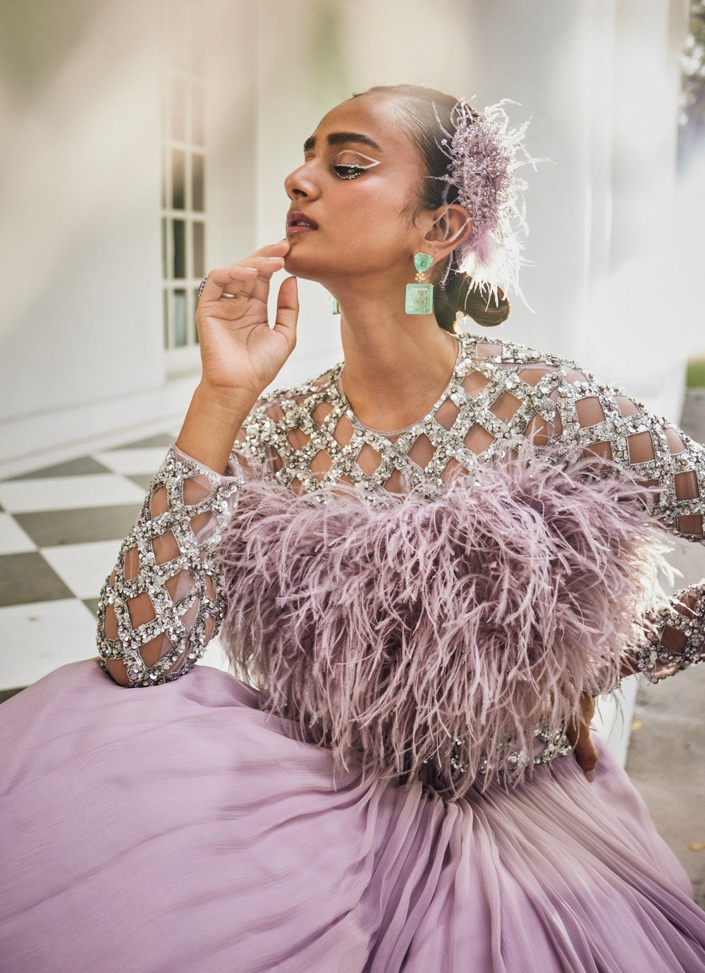 Lilac Feather Embellished Blouse With Chiffon Skirt Mani Bhatia - Fabilicious Fashion