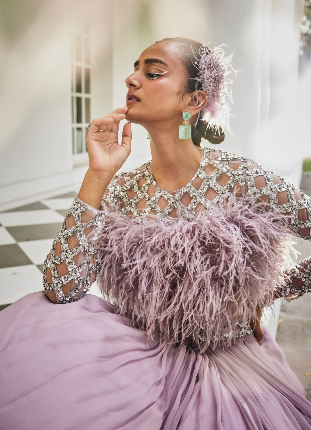 Lilac Feather Embellished Blouse With Chiffon Skirt Mani Bhatia - Fabilicious Fashion