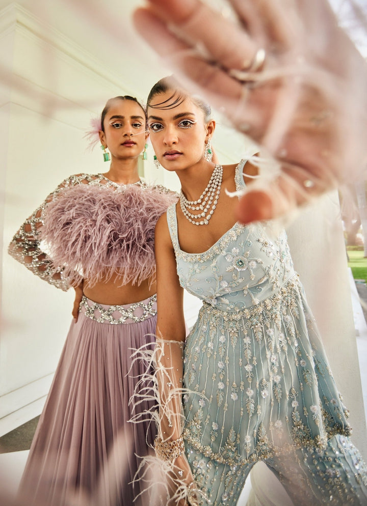 Lilac Feather Embellished Blouse With Chiffon Skirt Mani Bhatia - Fabilicious Fashion