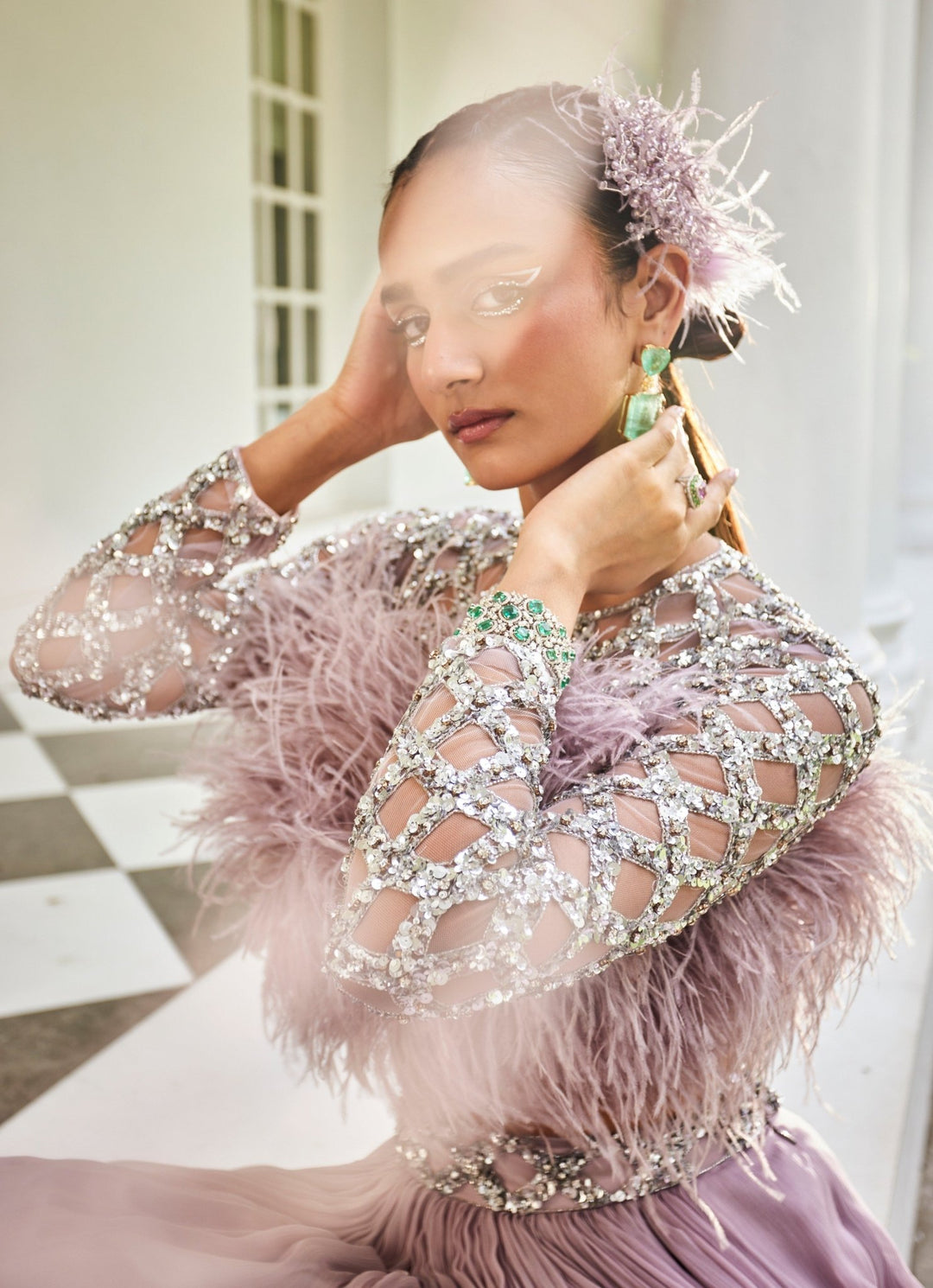 Lilac Feather Embellished Blouse With Chiffon Skirt Mani Bhatia - Fabilicious Fashion