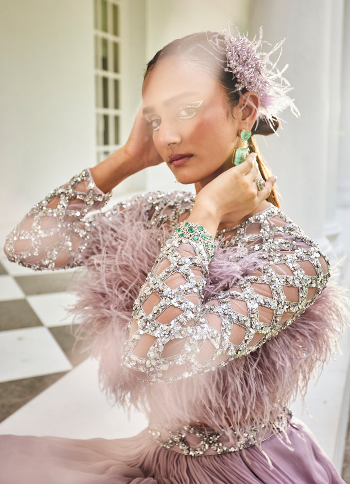 Lilac Feather Embellished Blouse With Chiffon Skirt Mani Bhatia - Fabilicious Fashion