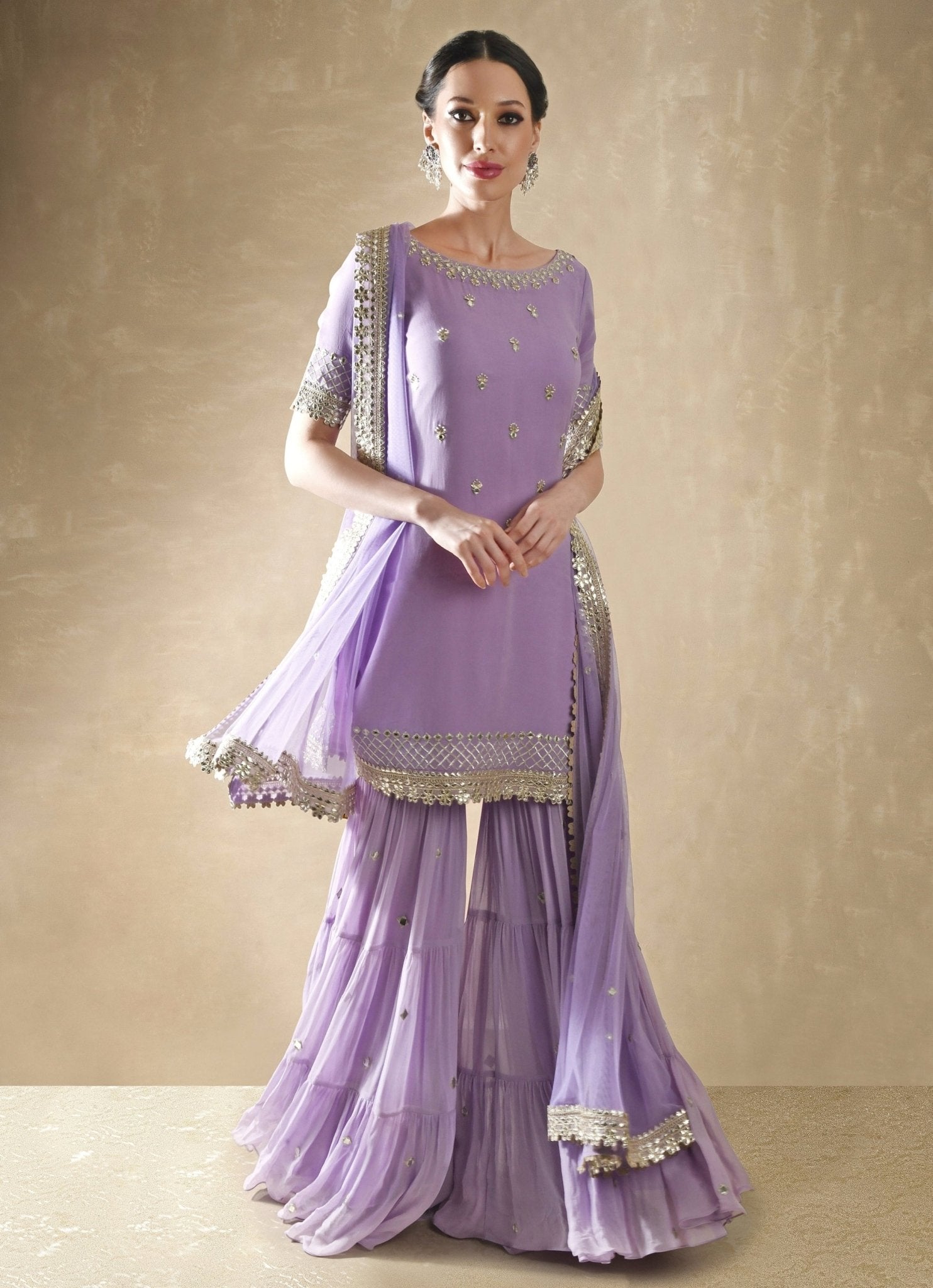 Lilac georgette kurta sharara set — affordable wedding guest outfit option