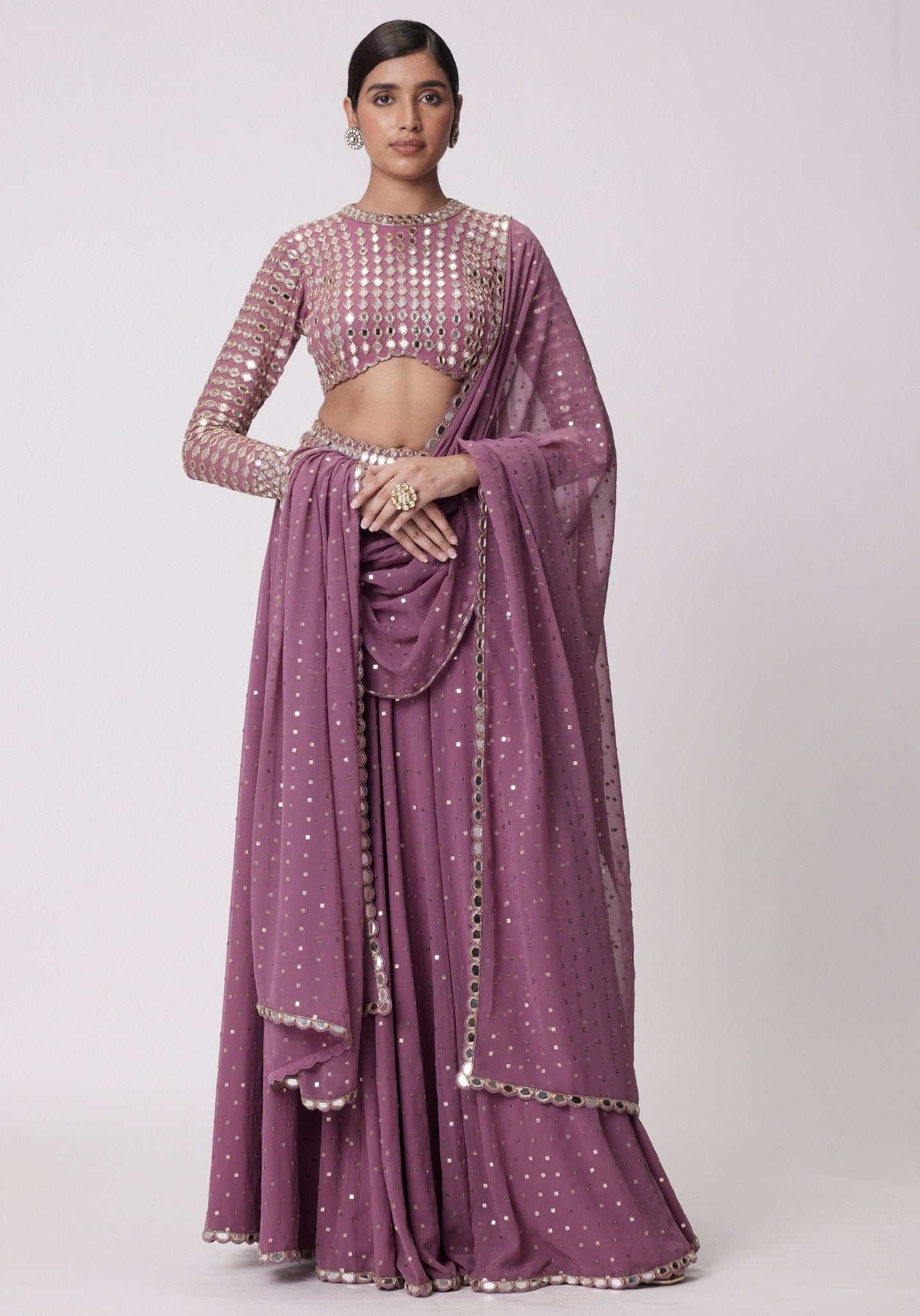 Lilac georgette lehenga with mirror blouse for mother of bride or groom