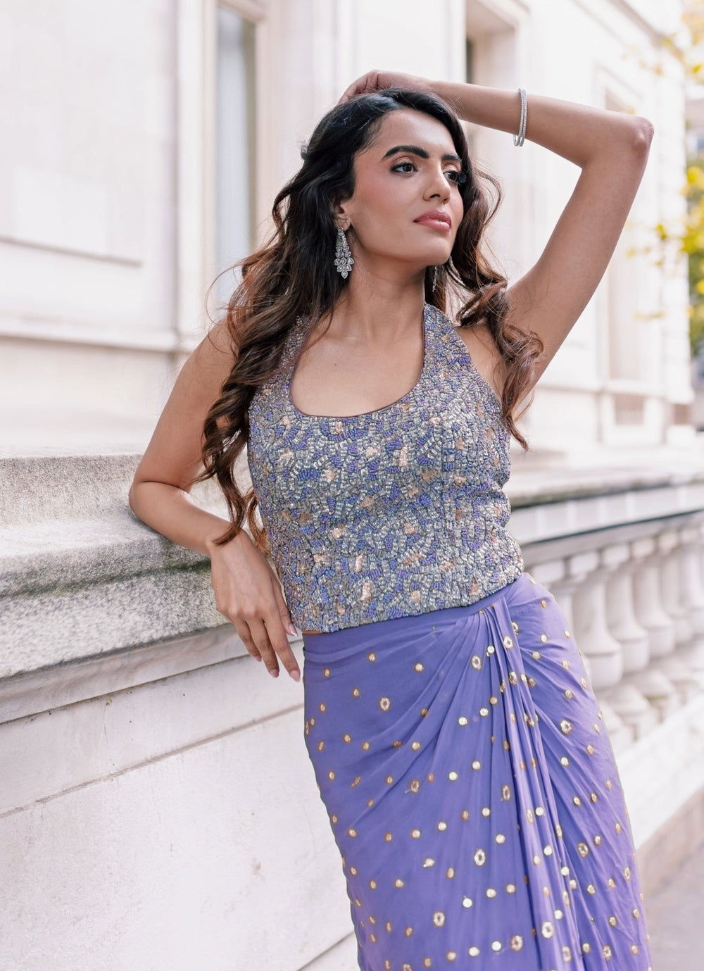 Lilac Georgette Slit Drape Skirt Set Chamee and Palak - Fabilicious Fashion